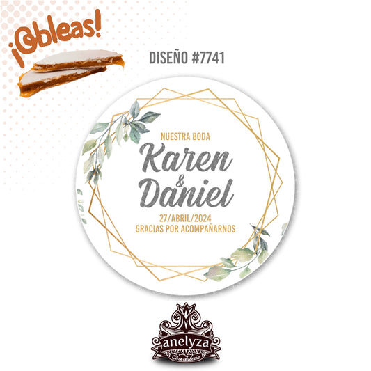 OBLEAS RELLENAS PERSONALIZADAS DISEÑO #7741 HOJAS VERDES ARO DORADO BODAS