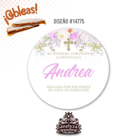 OBLEAS RELLENAS PERSONALIZADAS DISEÑO #14775 FLORES ROSAS PRIMERA COMUNIÓN