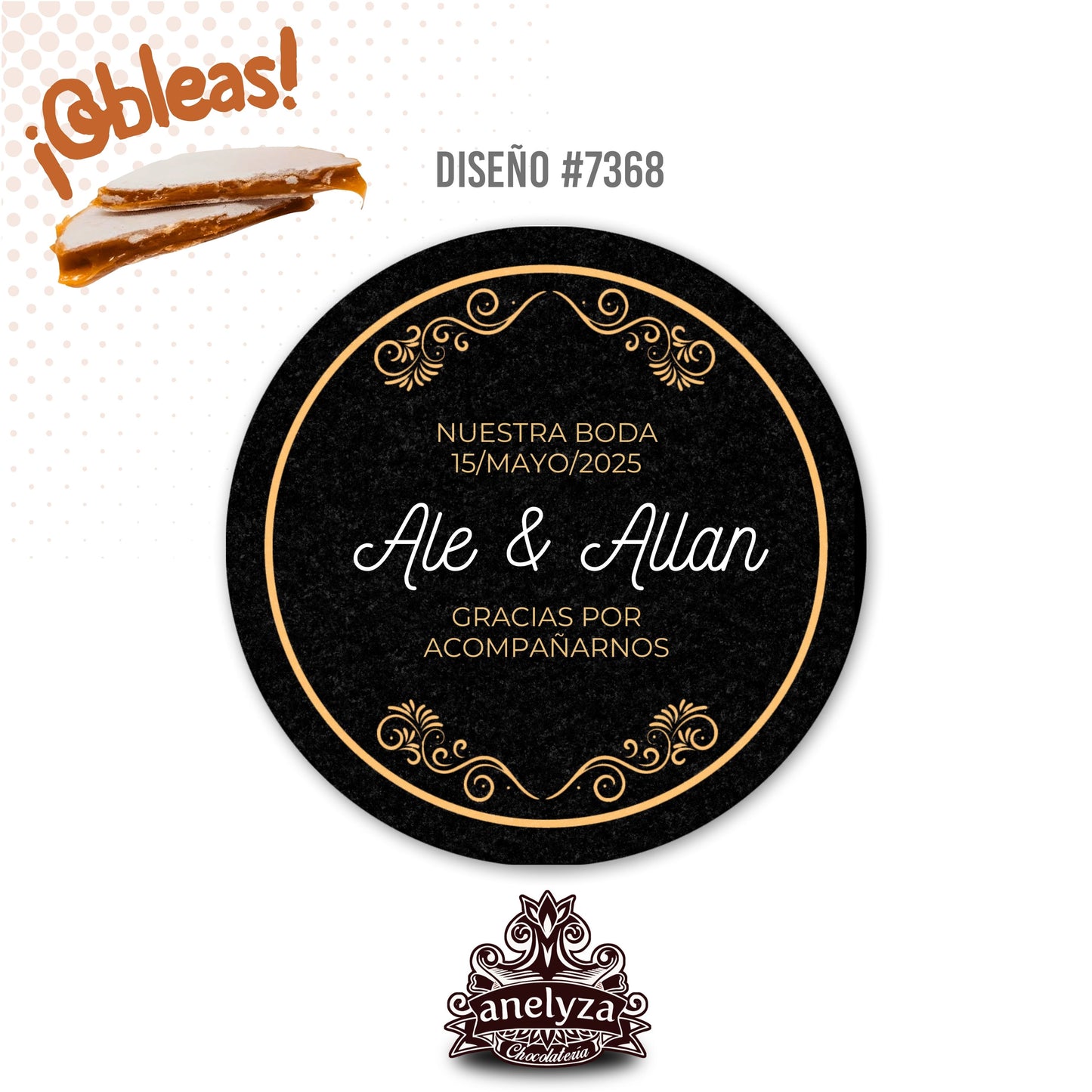 OBLEAS RELLENAS PERSONALIZADAS DISEÑO #7368 FONDO NEGRO CON DORADO BODAS