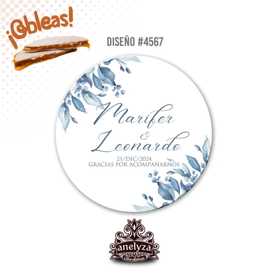 OBLEAS RELLENAS PERSONALIZADAS DISEÑO #4567 FLORES AZULES BODAS