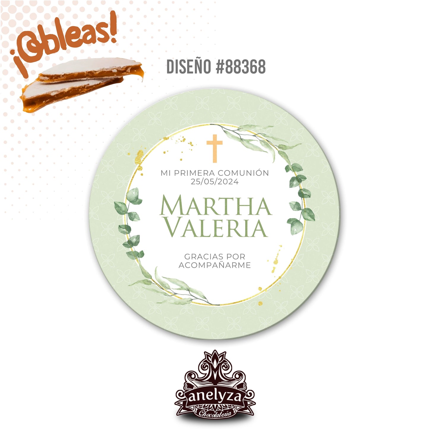 OBLEAS RELLENAS PERSONALIZADAS DISEÑO #88368 VERDE MENTA PRIMERA COMUNIÓN