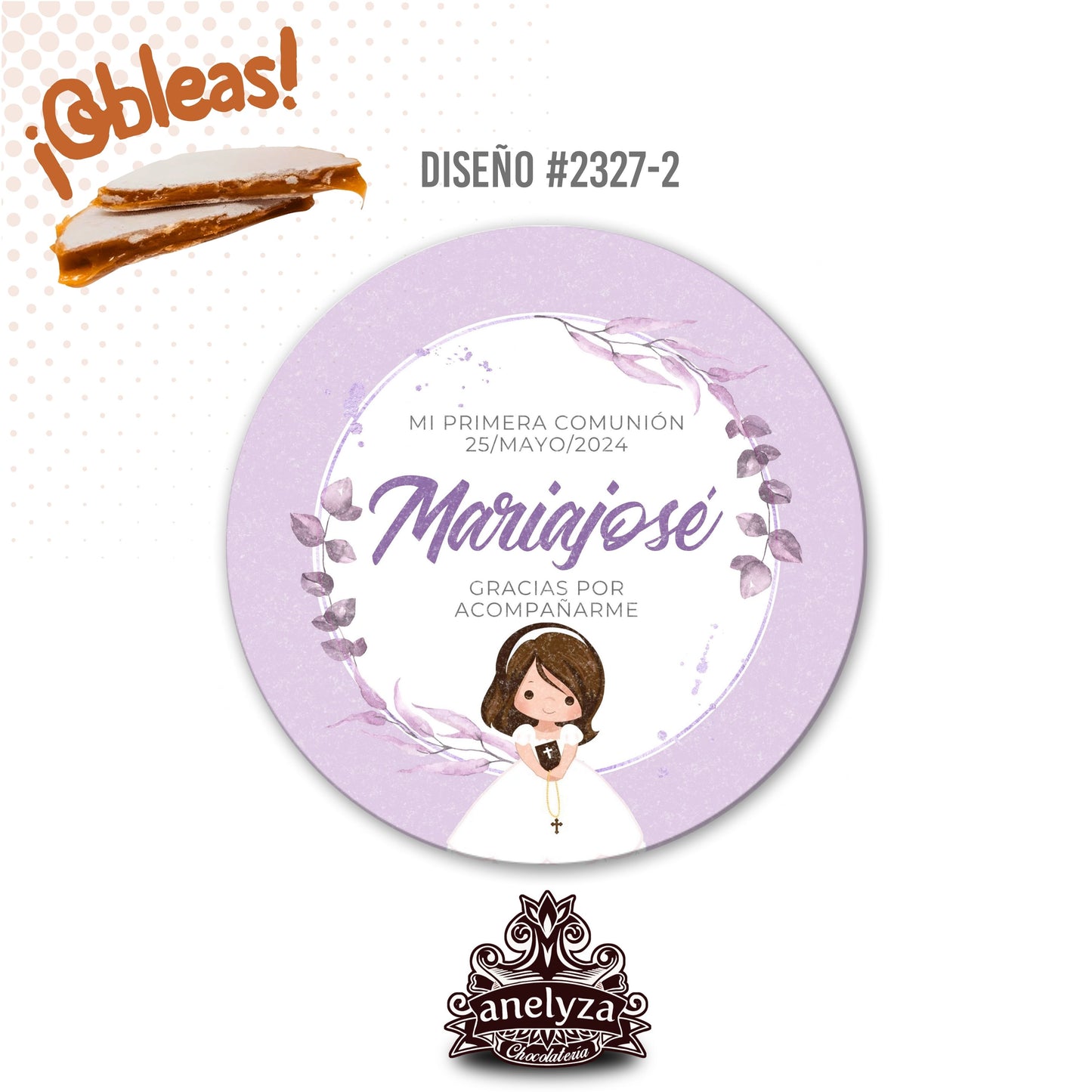 OBLEAS RELLENAS PERSONALIZADAS DISEÑO #2327-2 MORADO LILA NIÑA PRIMERA COMUNIÓN