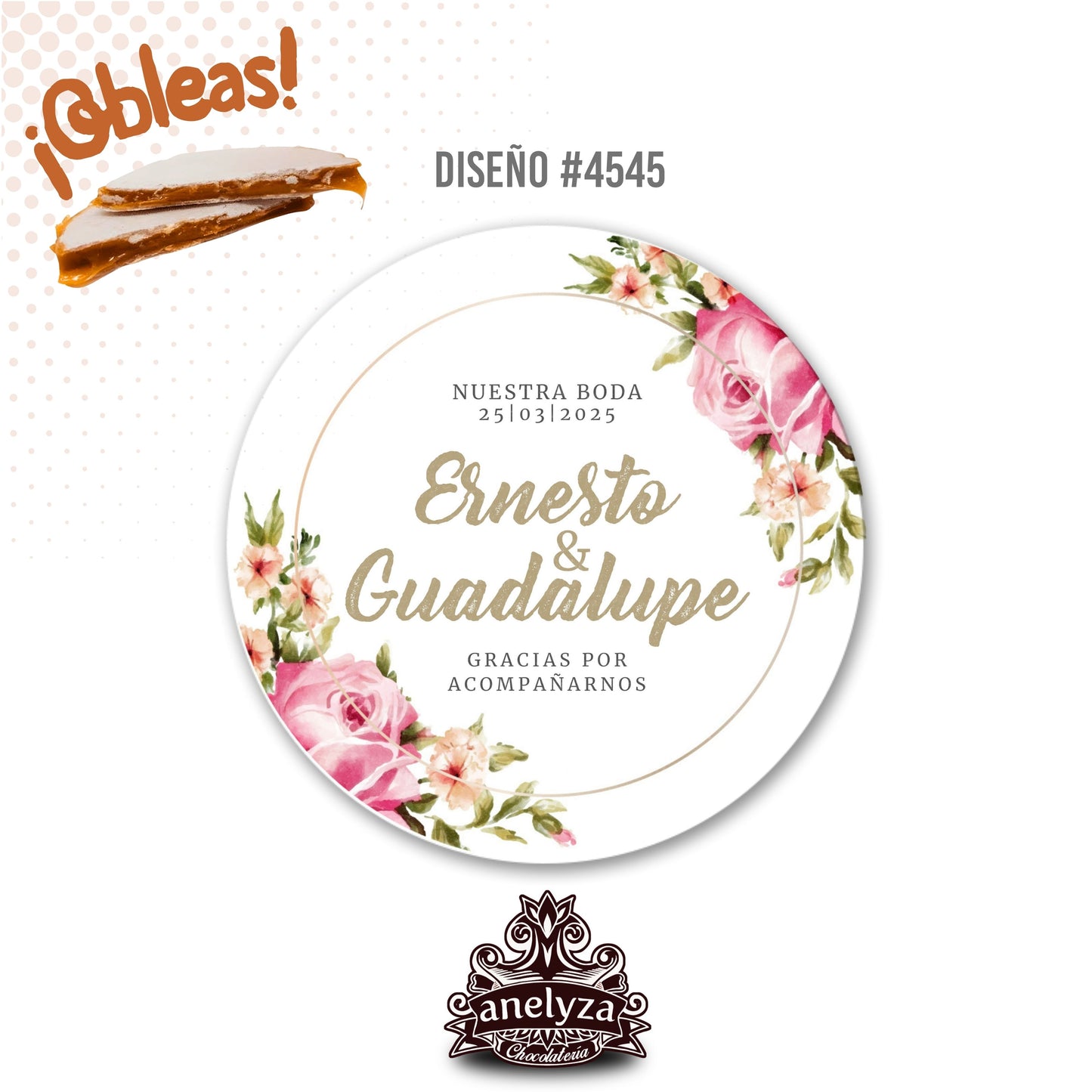 OBLEAS RELLENAS PERSONALIZADAS DISEÑO #4545 ROSAS CON DORADO BODAS