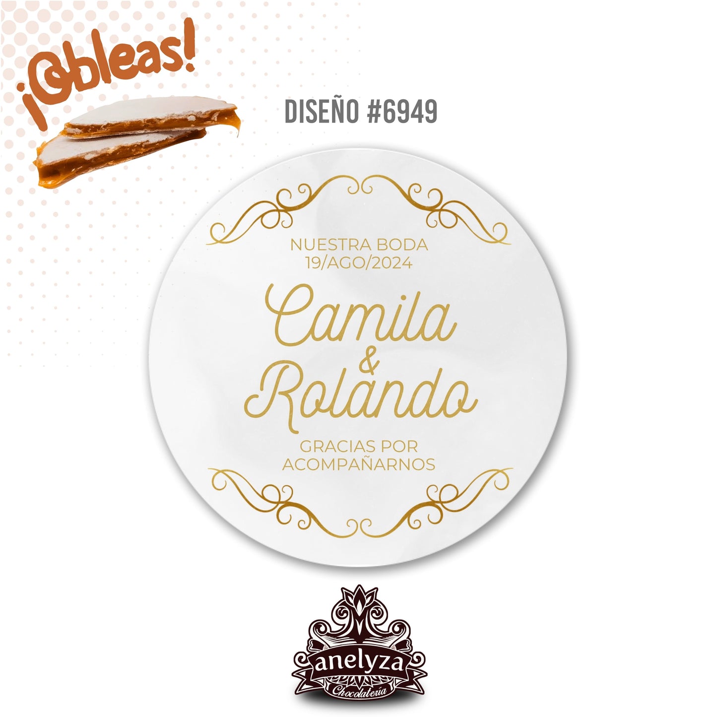 OBLEAS RELLENAS PERSONALIZADAS DISEÑO #6949 FONDO BLANCO CON DORADO BODAS