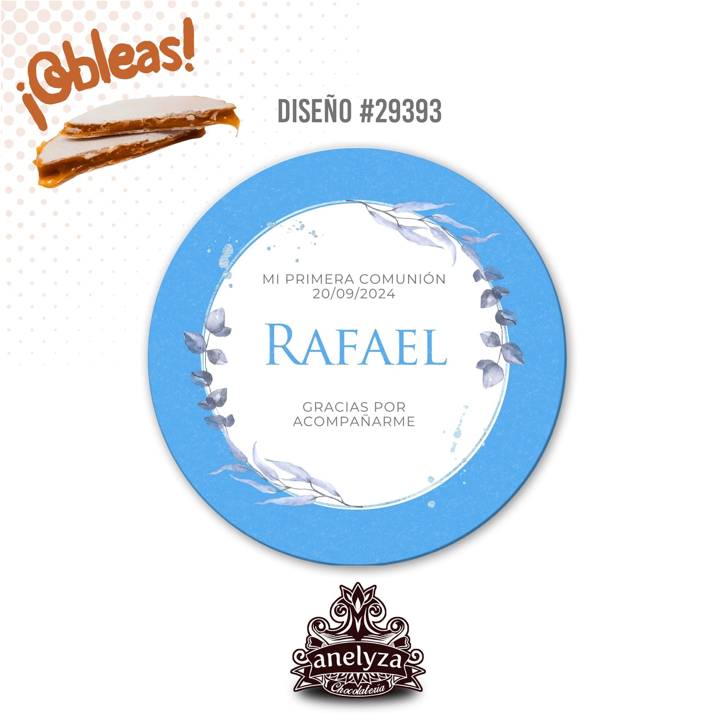 OBLEAS RELLENAS PERSONALIZADAS DISEÑO #29393 AZUL CELESTE PRIMERA COMUNIÓN