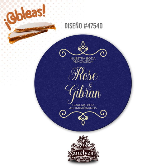 OBLEAS RELLENAS PERSONALIZADAS DISEÑO #47540 AZUL REY CON DORADO BODAS