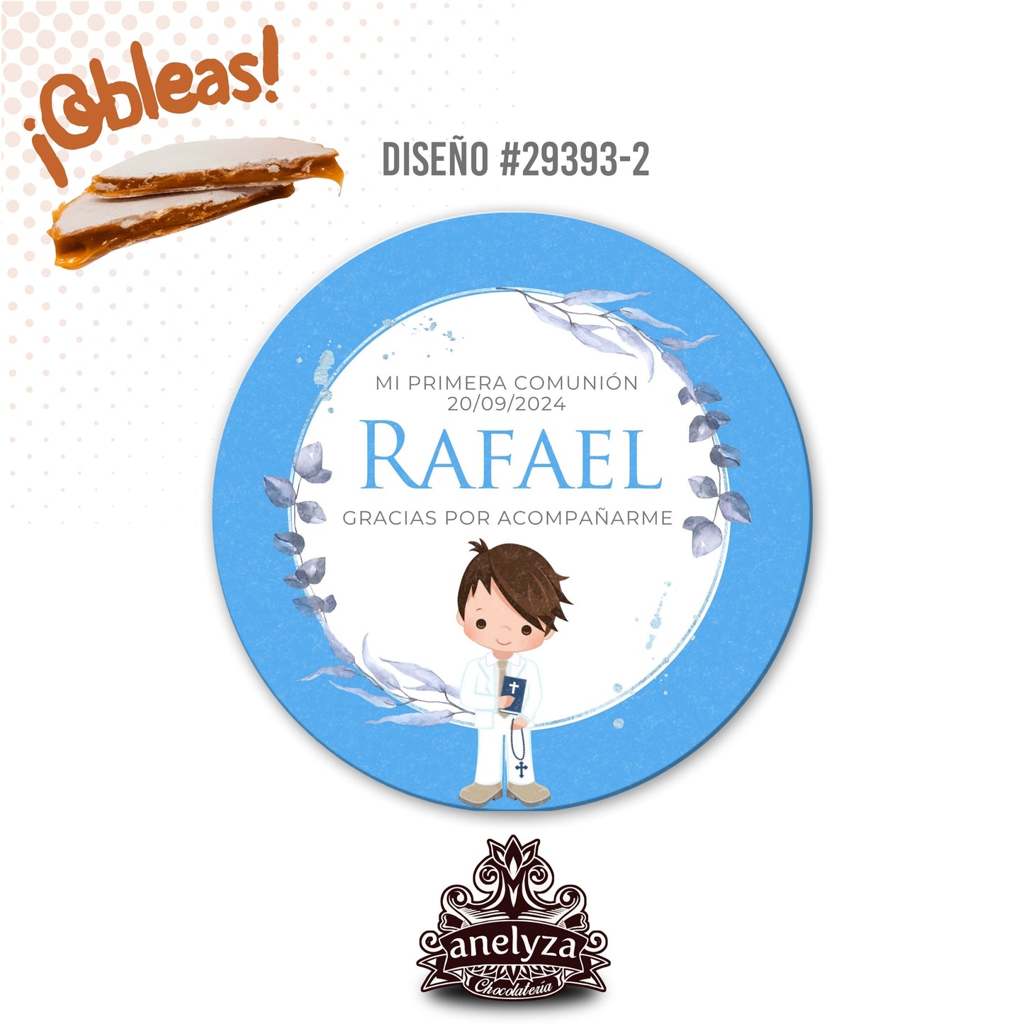 OBLEAS RELLENAS PERSONALIZADAS DISEÑO #29393-2 AZUL CELESTE NIÑO PRIMERA COMUNIÓN
