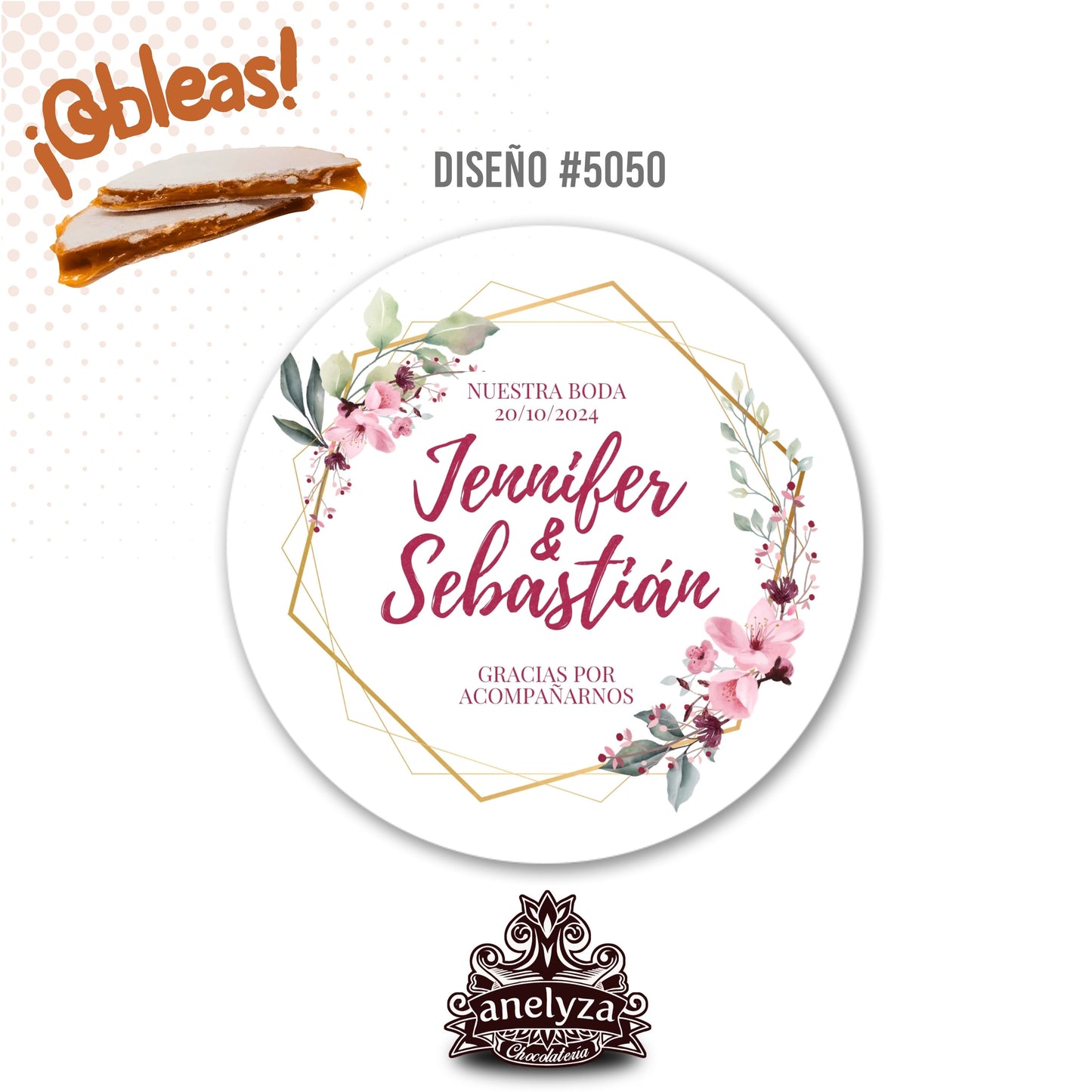 OBLEAS RELLENAS PERSONALIZADAS DISEÑO #5050 FLORES ARO DORADO BODAS