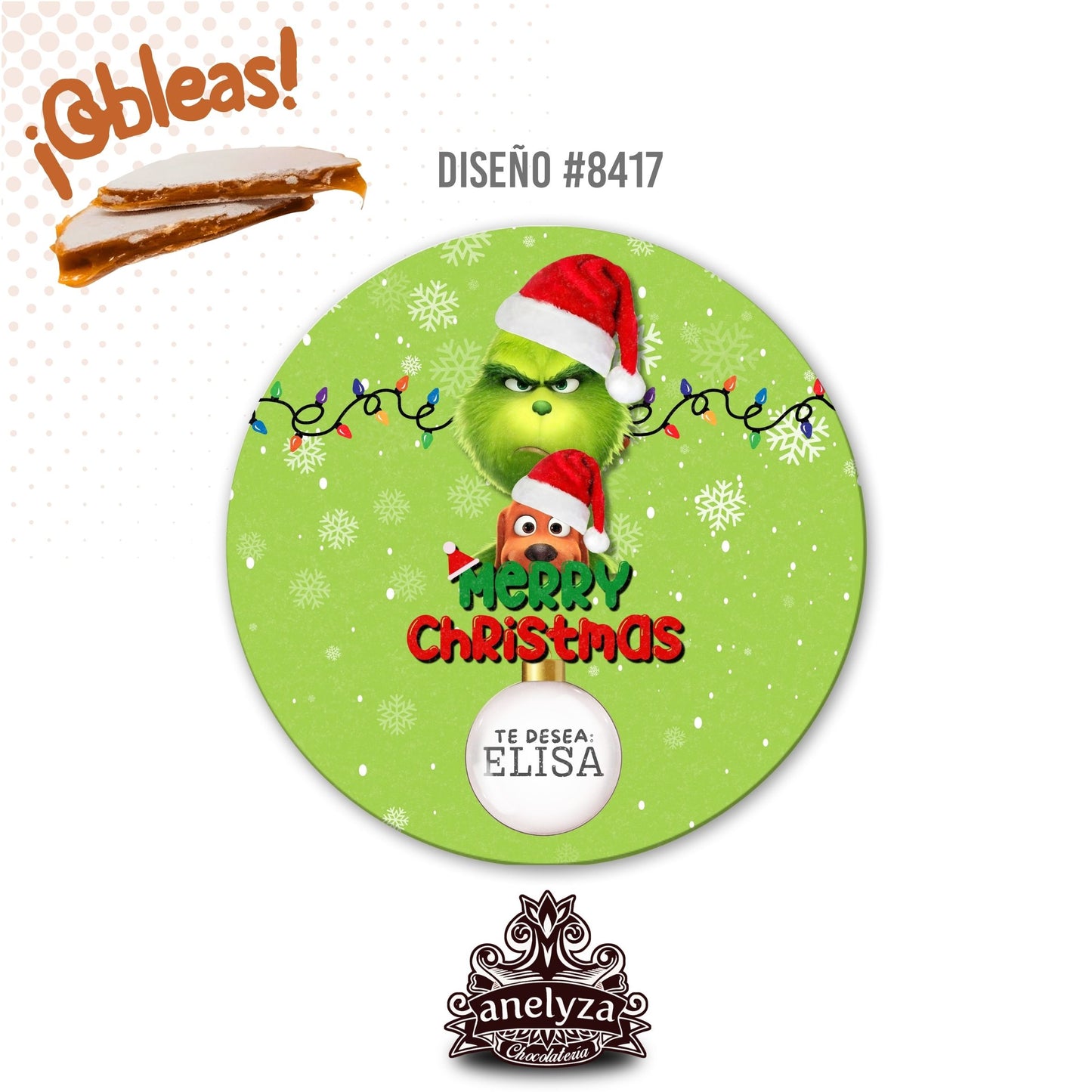 20 OBLEAS RELLENAS PERSONALIZADAS DE NAVIDAD DISEÑO #8417 GRINCH