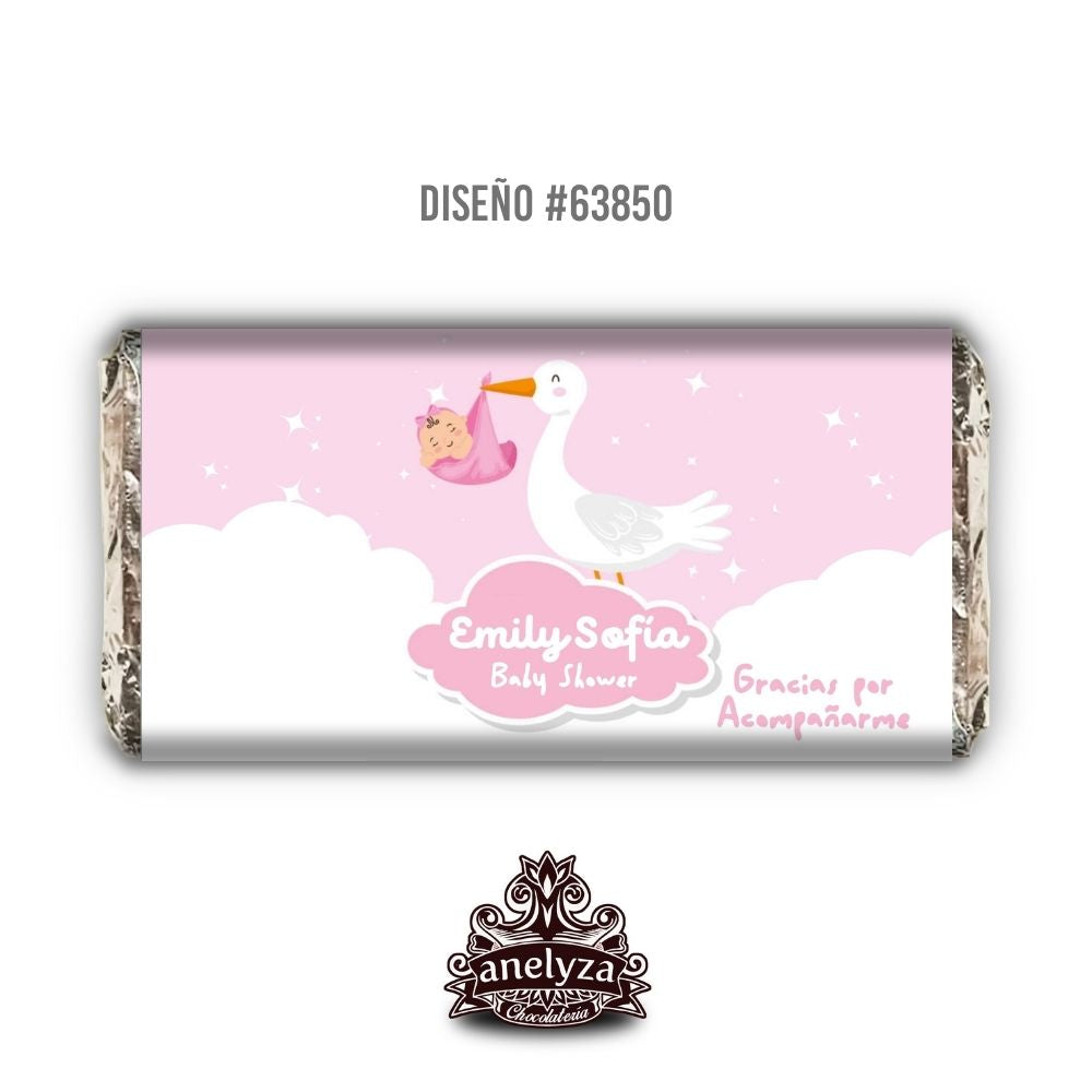 BARRAS DE CHOCOLATE PERSONALIZADAS DISEÑO #63850 CIGÜEÑA NUBES ROSA NACIMIENTO / BABY SHOWER