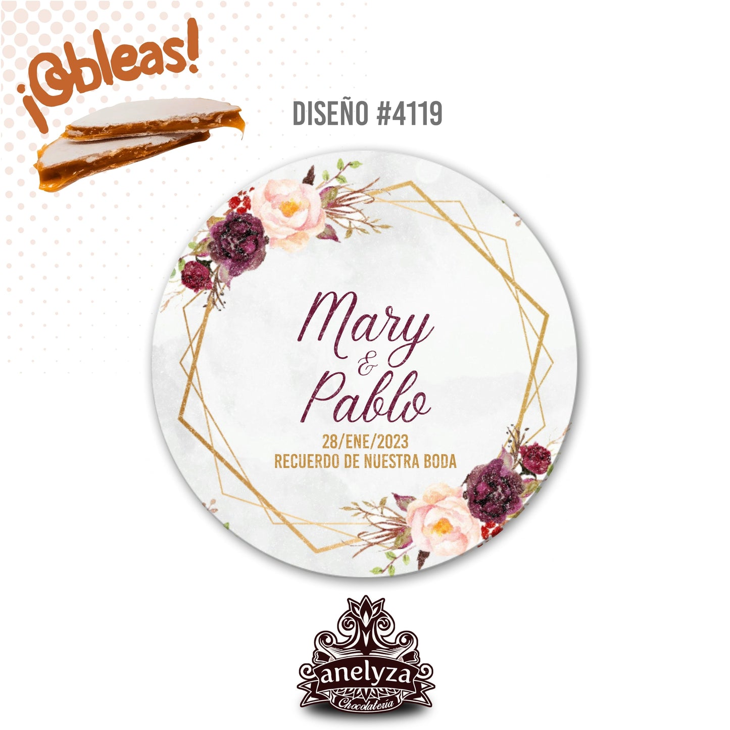 OBLEAS RELLENAS PERSONALIZADAS DISEÑO #4119 FLORES COLOR VINO BODAS