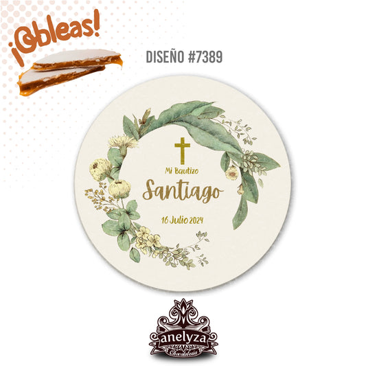 OBLEAS RELLENAS PERSONALIZADAS DISEÑO #7389 ARO HOJAS VERDES BAUTIZO