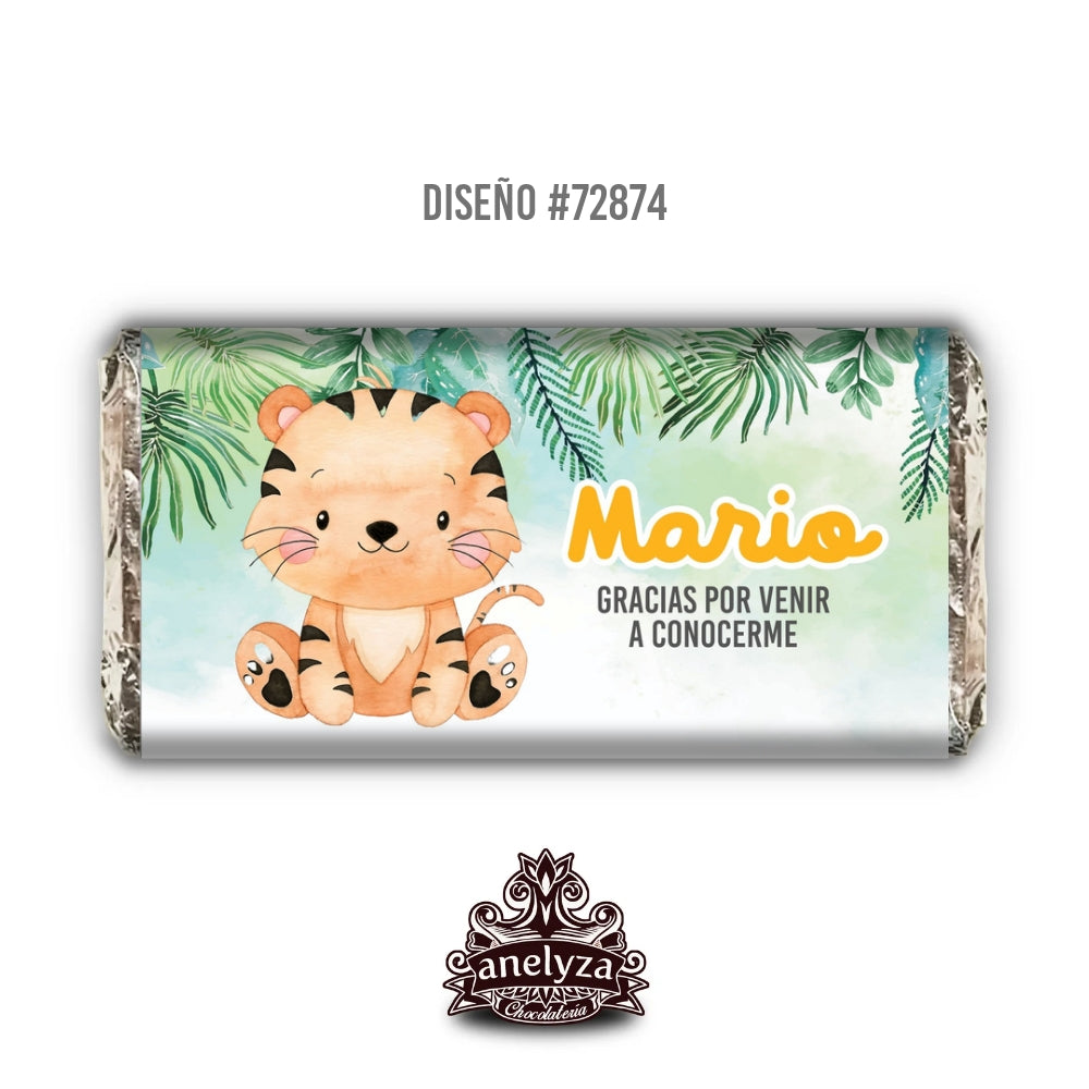 BARRAS DE CHOCOLATE PERSONALIZADAS DISEÑO #72874 TIGRE SELVA HOJAS NACIMIENTO / BABY SHOWER