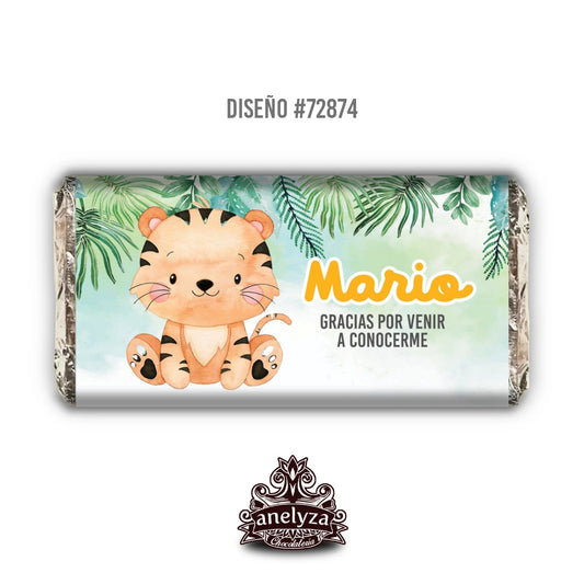 BARRAS DE CHOCOLATE PERSONALIZADAS DISEÑO #72874 TIGRE SELVA HOJAS NACIMIENTO / BABY SHOWER