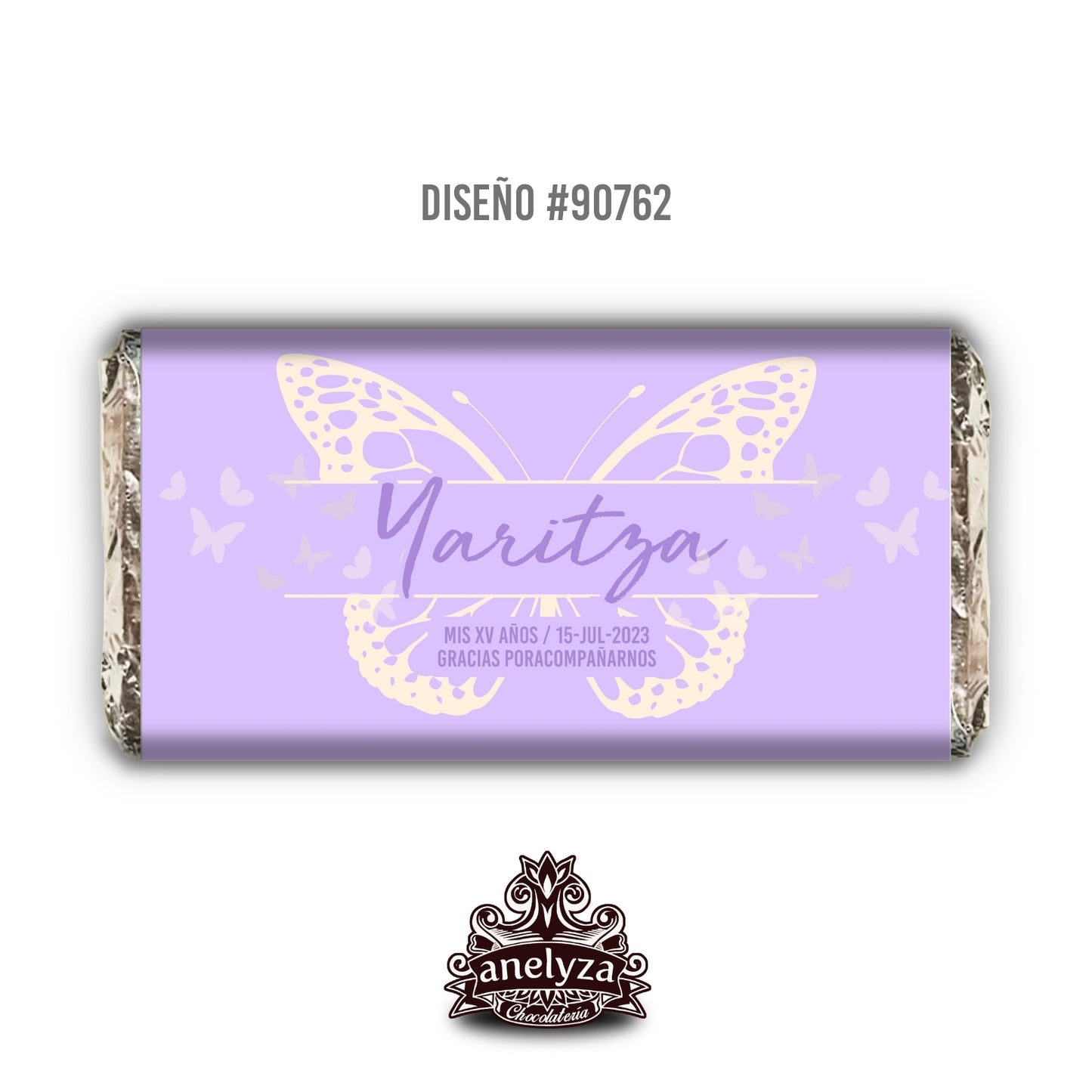 BARRAS DE CHOCOLATE PERSONALIZADAS DISEÑO #90762 MARIPOSAS LILA XV AÑOS BABY SHOWER