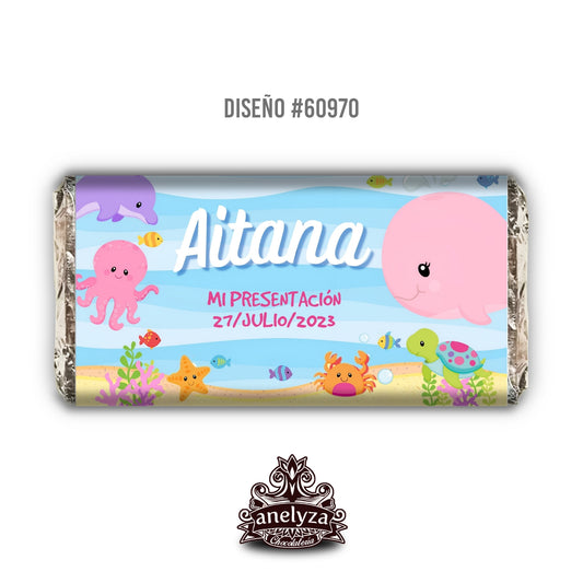 BARRAS DE CHOCOLATE PERSONALIZADAS DISEÑO #60970 BAJO DEL MAR BALLENA DELFIN PECES BAUTIZO PRESENTACION PRIMERA COMUNIÓN BABY SHOWER