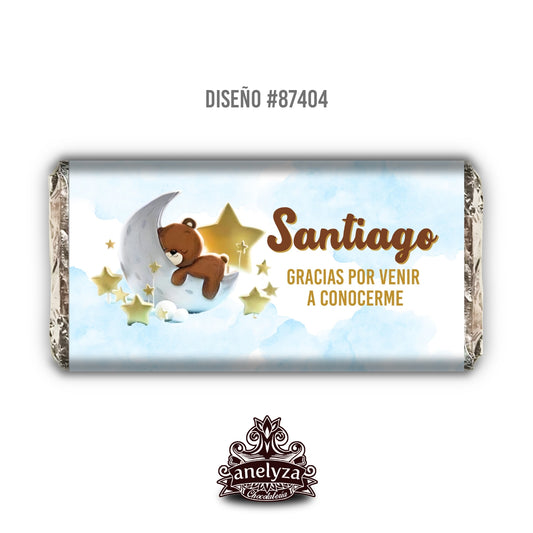 BARRAS DE CHOCOLATE PERSONALIZADAS DISEÑO #87404 OSITO DURMIENDO LUNA NACIMIENTO / BABY SHOWER