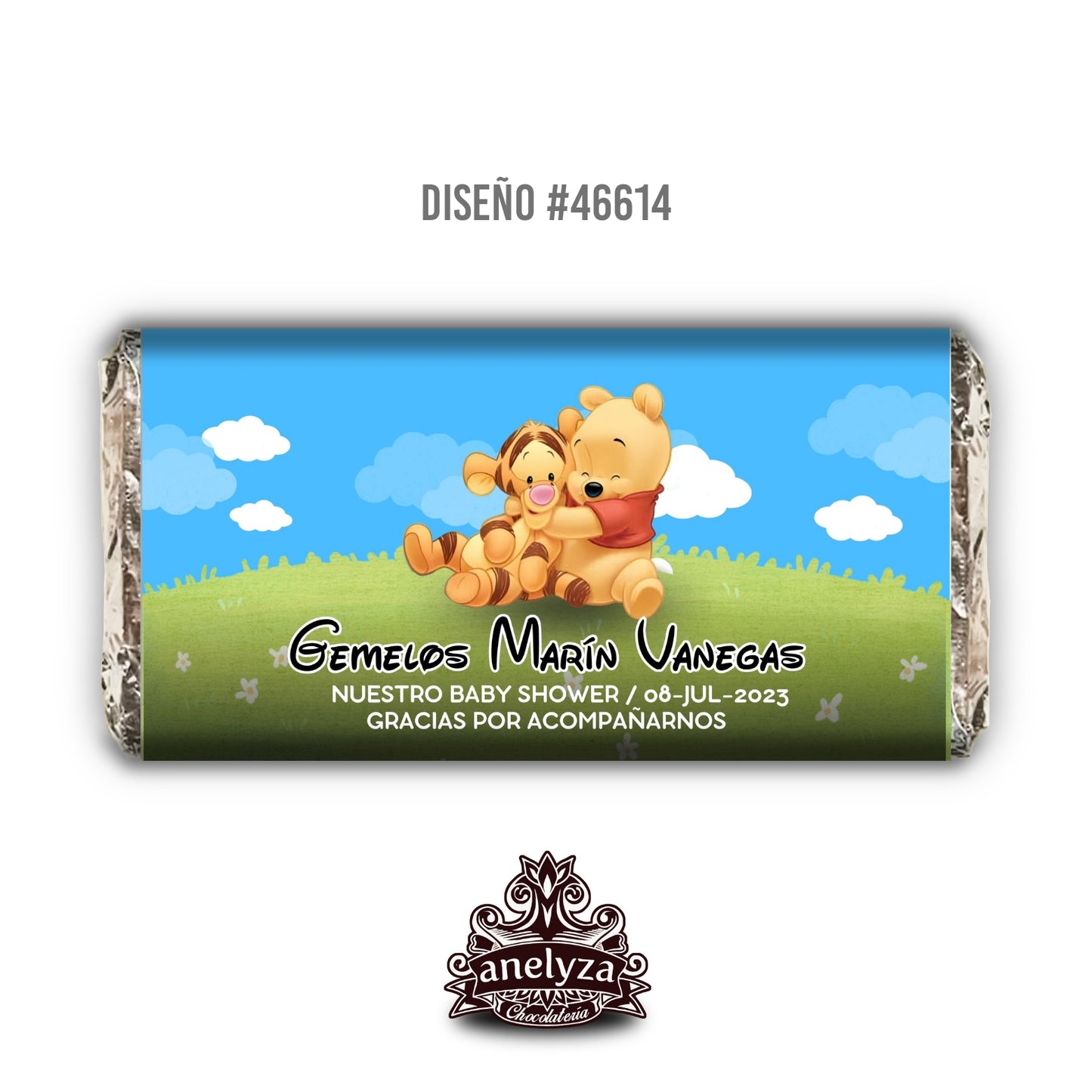 BARRAS DE CHOCOLATE PERSONALIZADAS DISEÑO #46614 WINNIE POOH TIGGER GEMELOS NACIMIENTO / BABY SHOWER