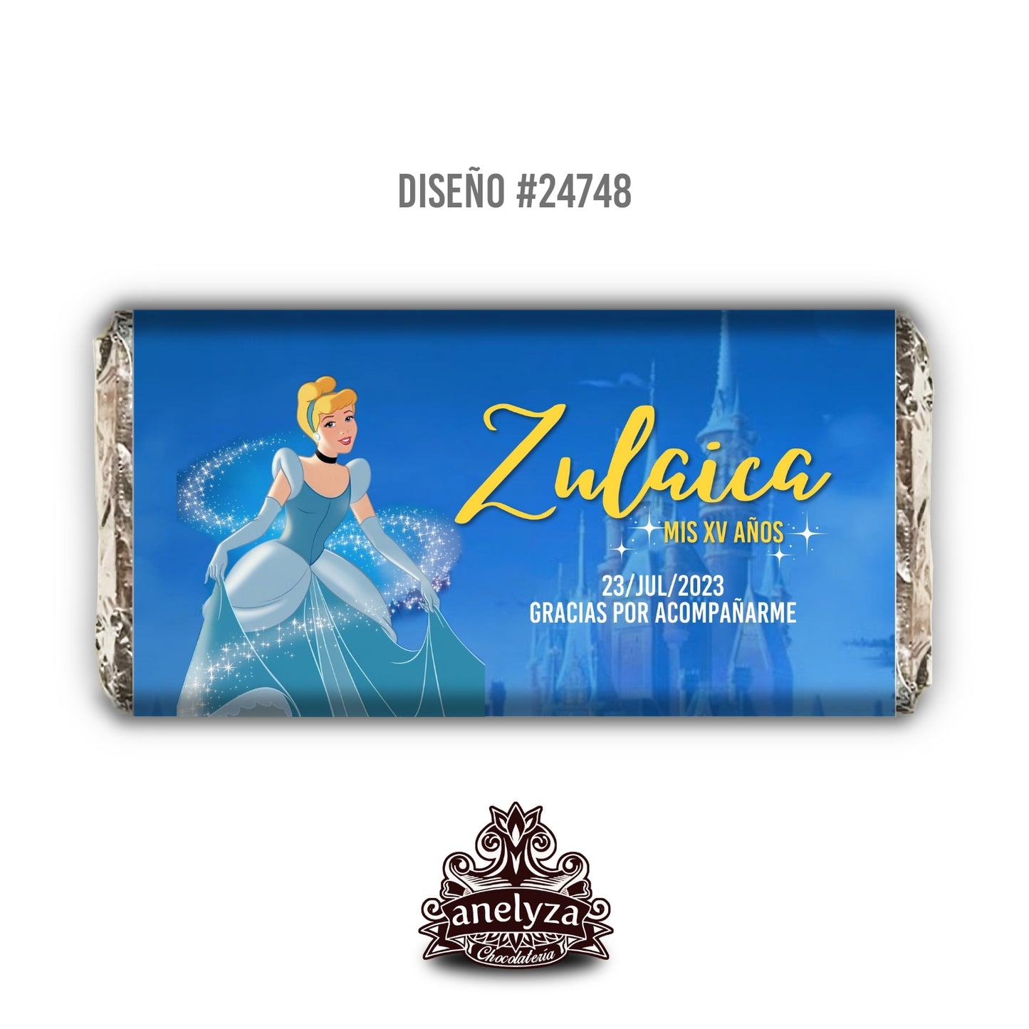 BARRAS DE CHOCOLATE PERSONALIZADAS DISEÑO #24748 CENICIENTA XV AÑOS FIESTAS INFANTILES