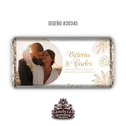BARRAS DE CHOCOLATE PERSONALIZADAS DISEÑO #30345 BODAS CON FOTO FONDO BLANCO BEIGE FLORES
