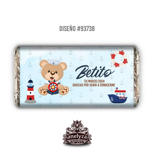 BARRAS DE CHOCOLATE PERSONALIZADAS DISEÑO #93738 OSITO MARINERO NACIMIENTO/BABY SHOWER BAUTIZO