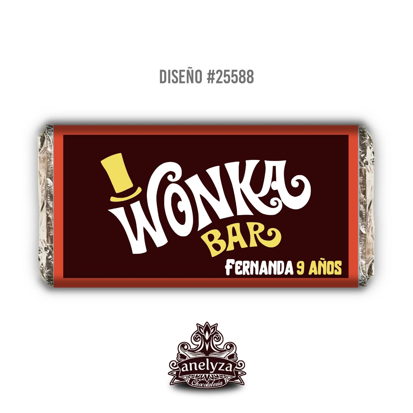 BARRAS DE CHOCOLATE PERSONALIZADAS DISEÑO #25588 WILLY WONKA FIESTAS INFANTILES XV AÑOS