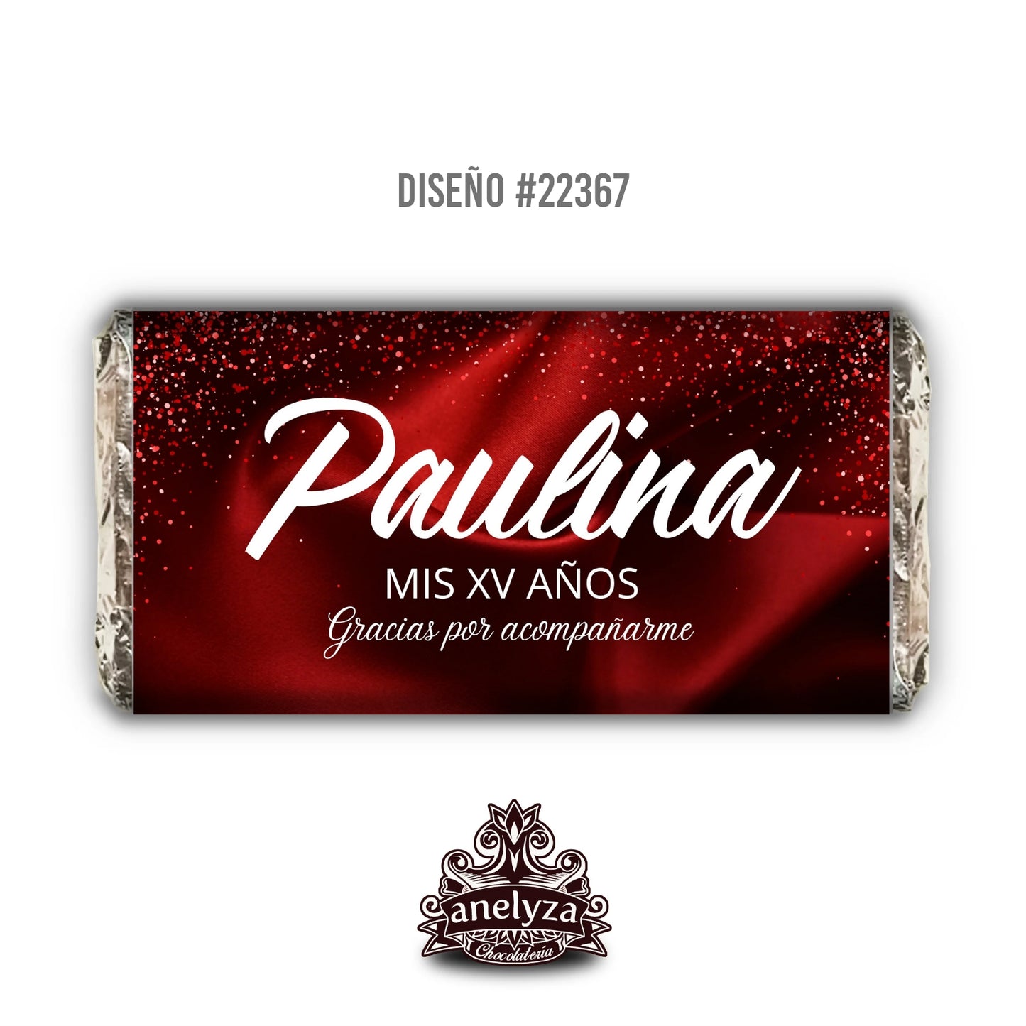 BARRAS DE CHOCOLATE PERSONALIZADAS DISEÑO #22367 VESTIDO ROJO XV AÑOS