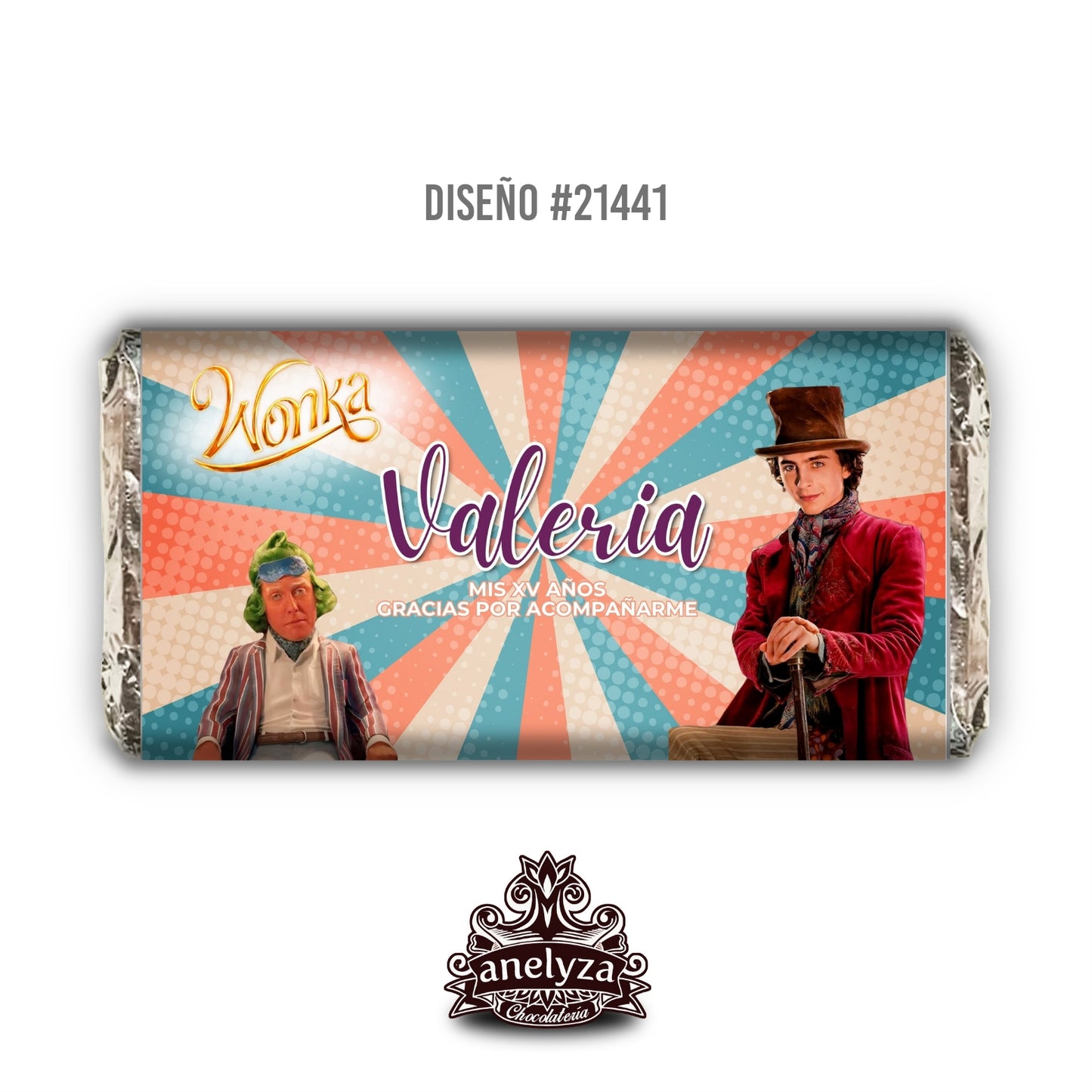 BARRAS DE CHOCOLATE PERSONALIZADAS DISEÑO #21441 WILLY WONKA XV AÑOS FIESTAS INFANTILES