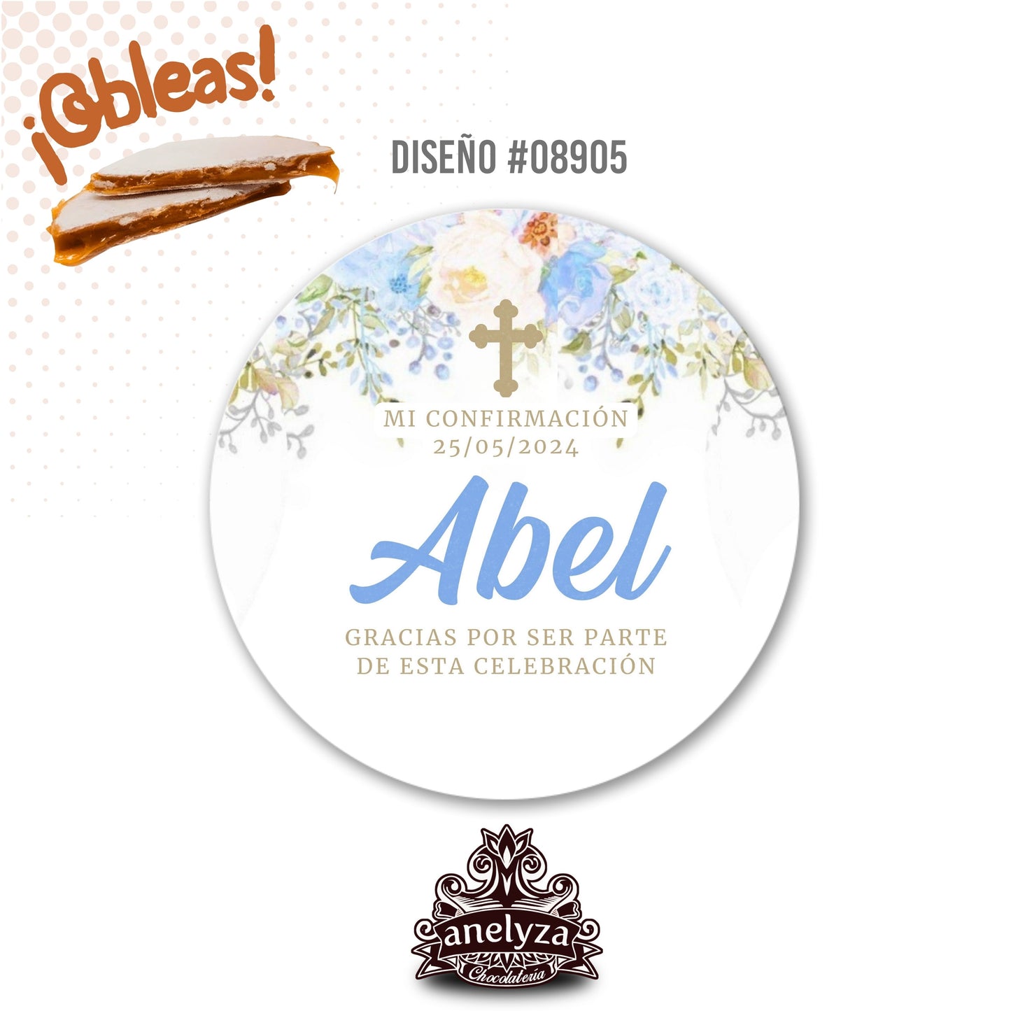 OBLEAS RELLENAS PERSONALIZADAS DISEÑO #08905 FLORES AZULES PRIMERA COMUNIÓN