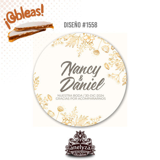 OBLEAS RELLENAS PERSONALIZADAS DISEÑO #1558 FLORES CON DORADO BODAS