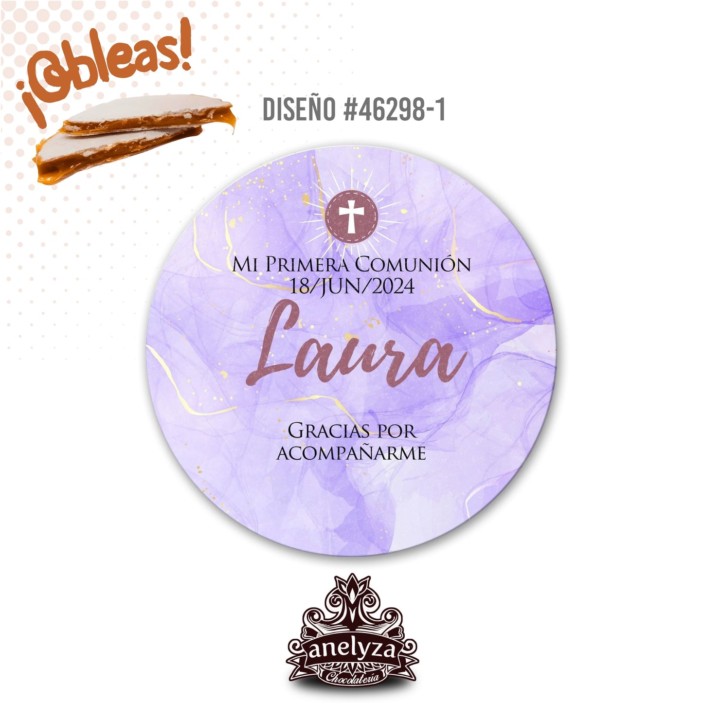 OBLEAS RELLENAS PERSONALIZADAS DISEÑO #46298-1 MARMOL MORADO LILA PRIMERA COMUNIÓN