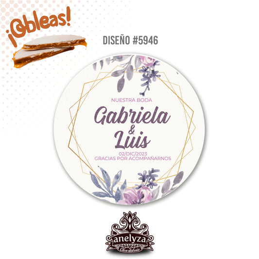 OBLEAS RELLENAS PERSONALIZADAS DISEÑO #5946 FLORES MORADO BODAS