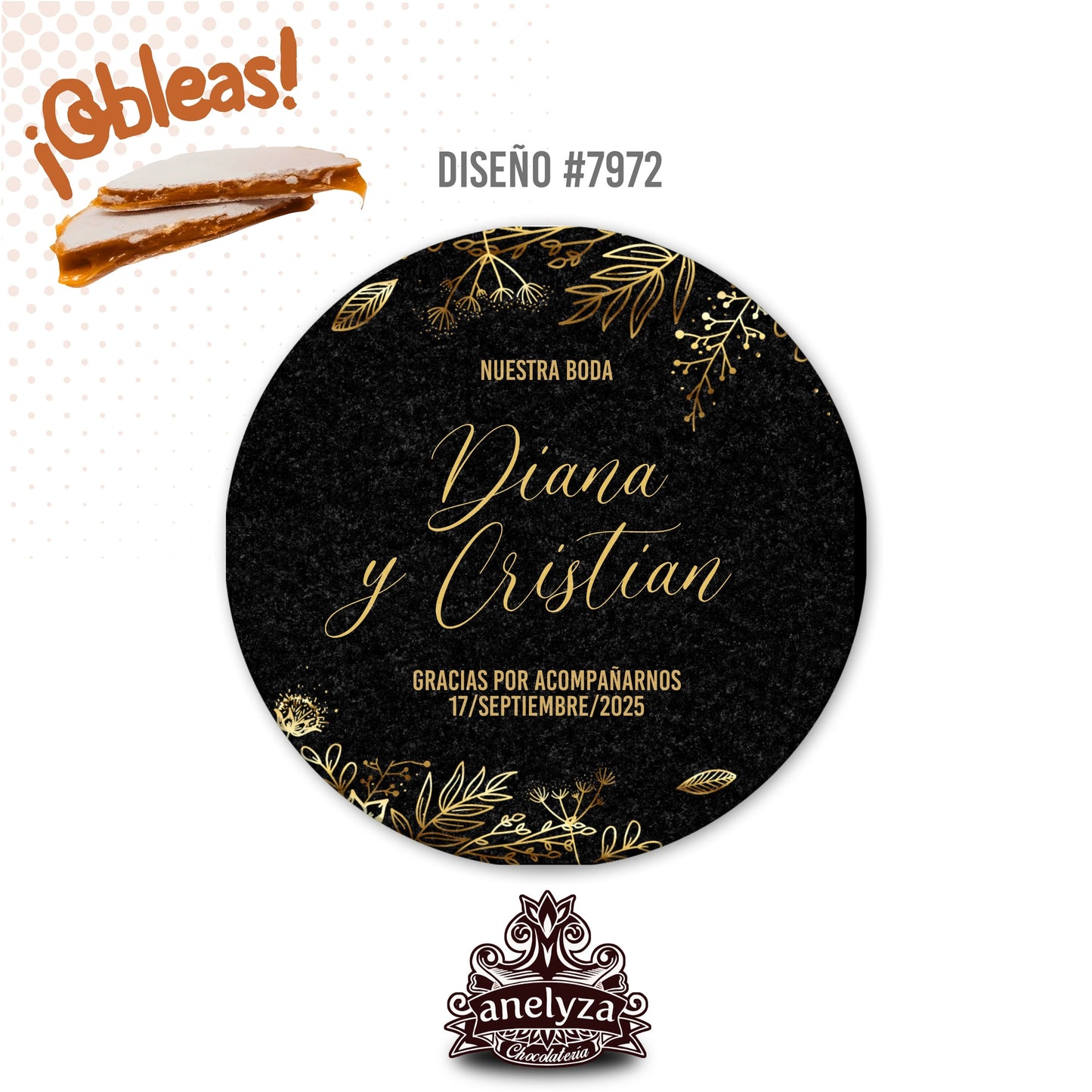 OBLEAS RELLENAS PERSONALIZADAS DISEÑO #7972 FLORES DORADO CON NEGRO BODAS