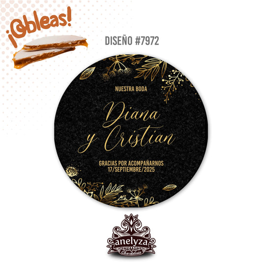 OBLEAS RELLENAS PERSONALIZADAS DISEÑO #7972 FLORES DORADO CON NEGRO BODAS