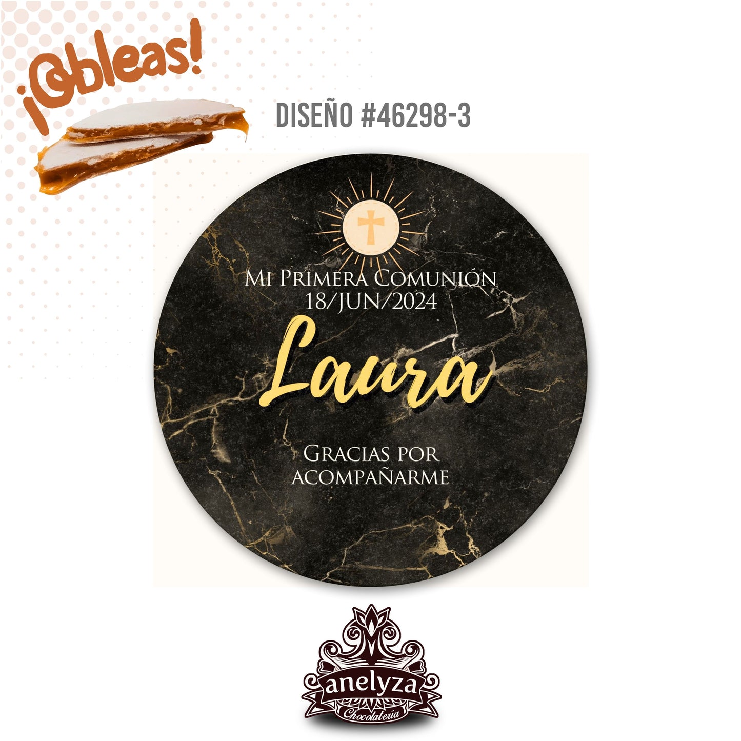 OBLEAS RELLENAS PERSONALIZADAS DISEÑO #46298-3 MARMOL NEGRO PRIMERA COMUNIÓN