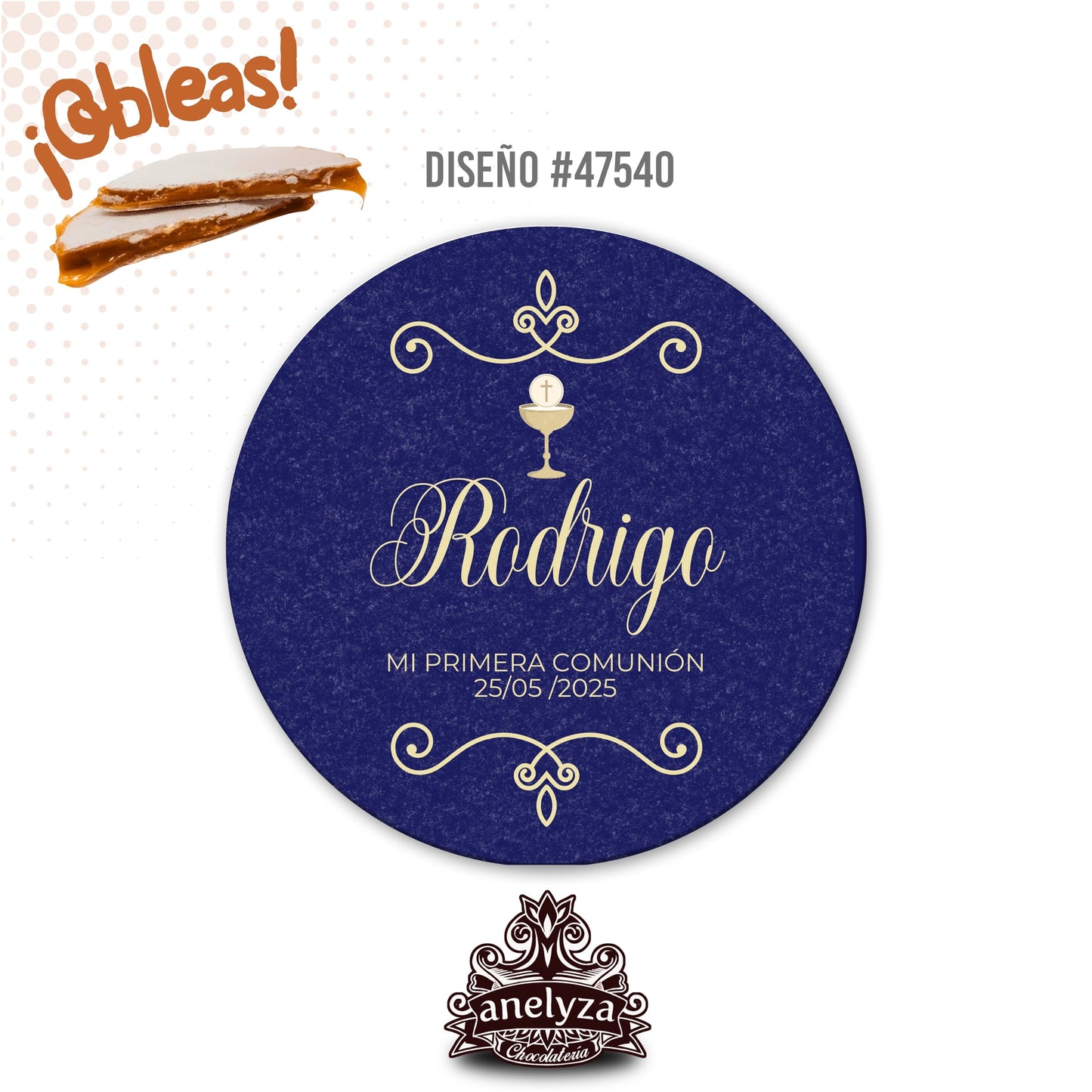 OBLEAS RELLENAS PERSONALIZADAS DISEÑO #47540 AZUL REY CON DORADO PRIMERA COMUNIÓN