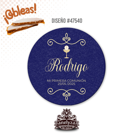 OBLEAS RELLENAS PERSONALIZADAS DISEÑO #47540 AZUL REY CON DORADO PRIMERA COMUNIÓN