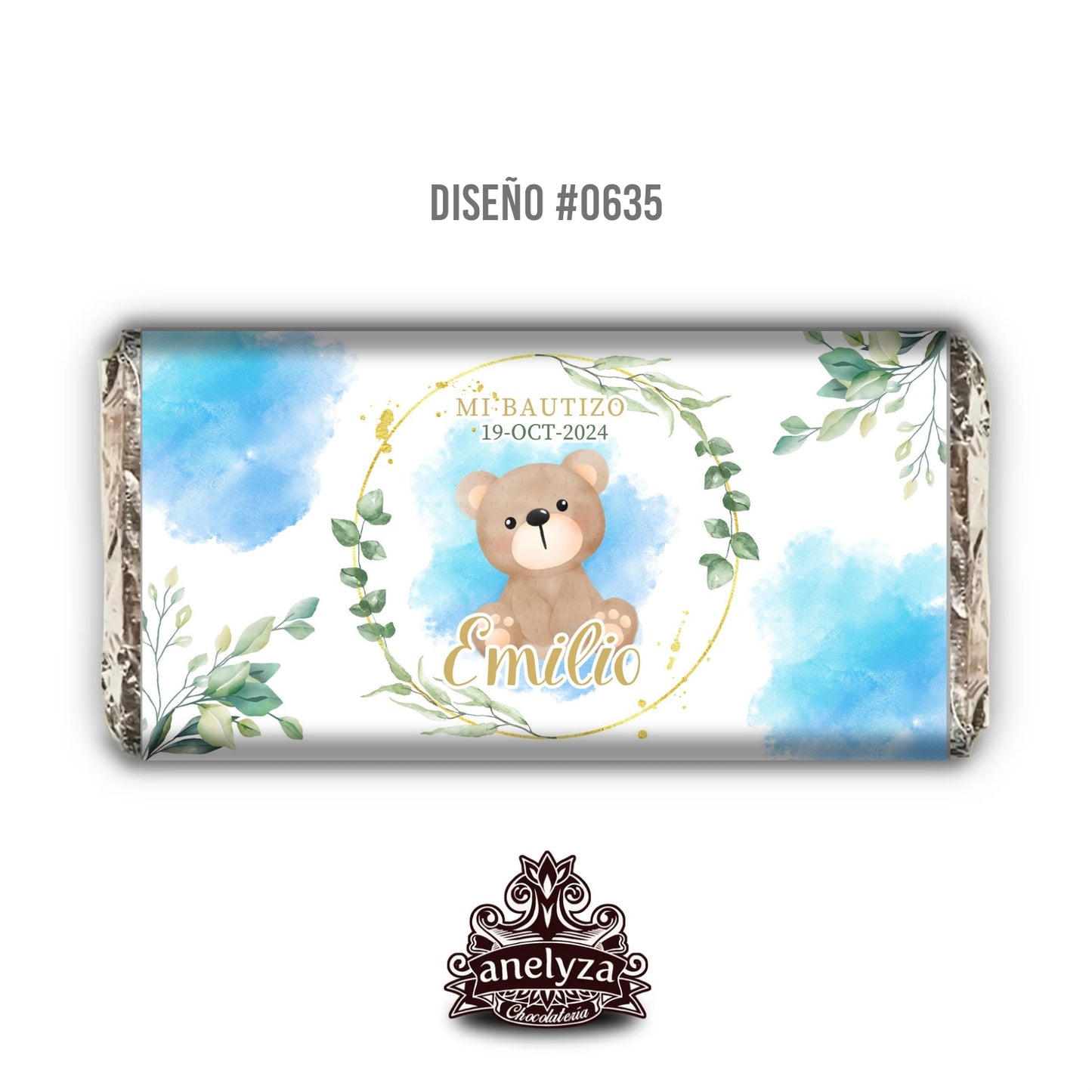 BARRAS DE CHOCOLATE PERSONALIZADA DISEÑO #0635 OSITO BAUTIZO/PRIMERA COMUNIÓN