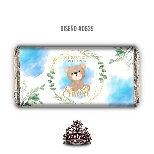 BARRAS DE CHOCOLATE PERSONALIZADA DISEÑO #0635 OSITO BAUTIZO/PRIMERA COMUNIÓN