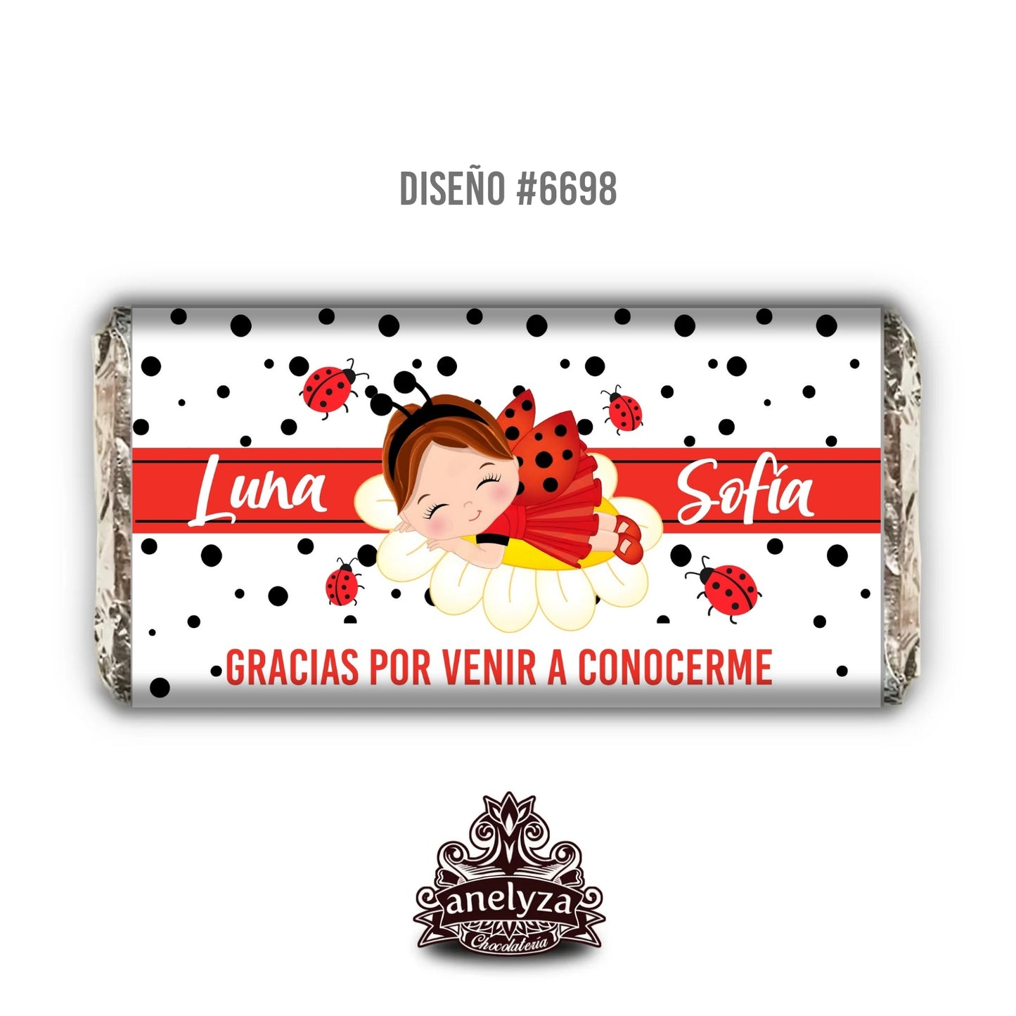 BARRAS DE CHOCOLATE PERSONALIZADAS DISEÑO #6698 NACIMIENTO/BABY SHOWER CATARINA MARIQUITA