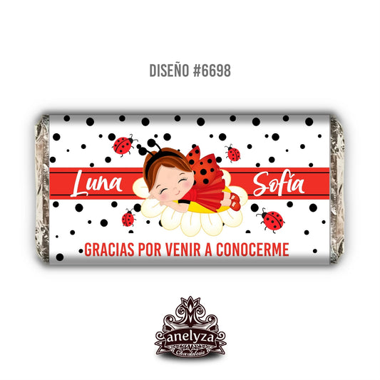 BARRAS DE CHOCOLATE PERSONALIZADAS DISEÑO #6698 NACIMIENTO/BABY SHOWER CATARINA MARIQUITA