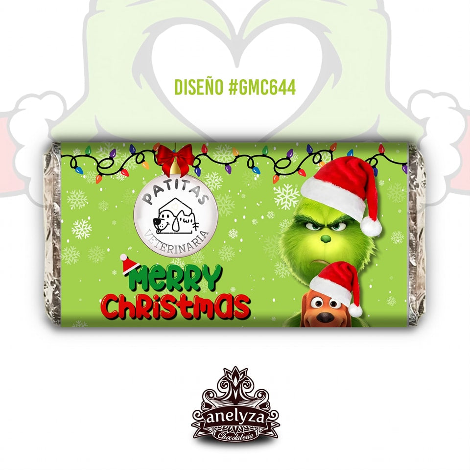 20 BARRAS DE CHOCOLATE PERSONALIZADAS DISEÑO #GMC644 GRINCH NAVIDAD