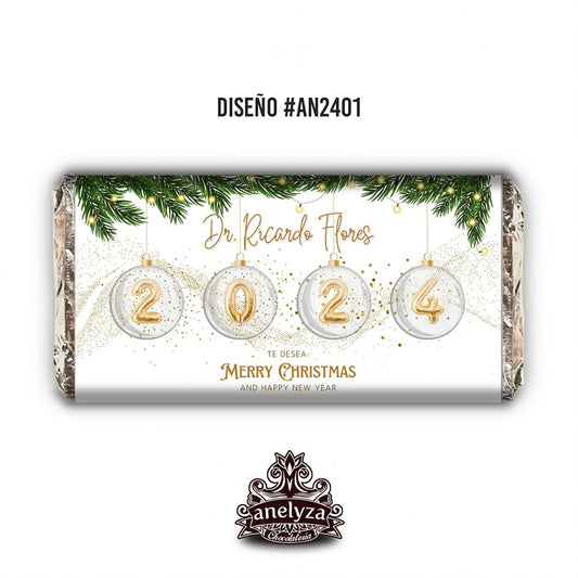 BARRAS DE CHOCOLATE PERSONALIZADAS DISEÑO #AN2401 FELIZ AÑO NUEVO Y NAVIDAD