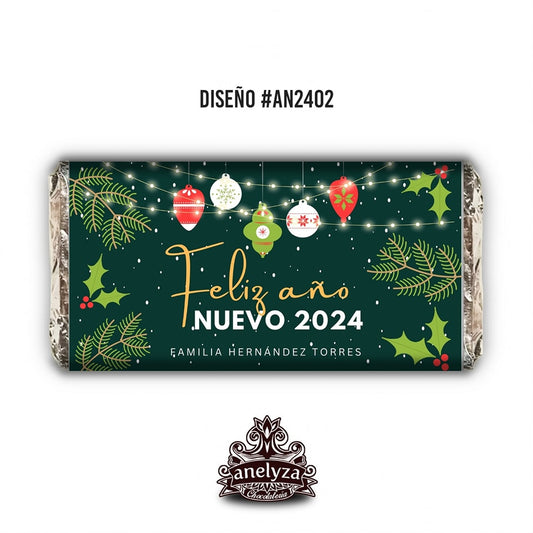 BARRAS DE CHOCOLATE PERSONALIZADAS DISEÑO #AN2402 FELIZ AÑO NUEVO Y NAVIDAD