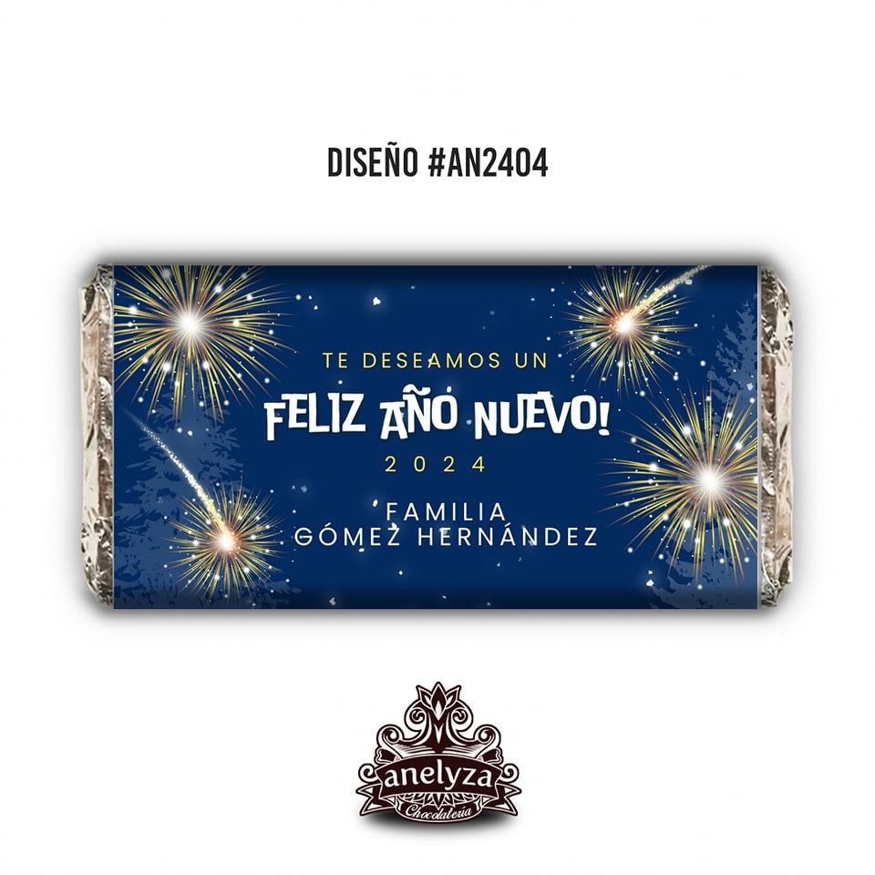 BARRAS DE CHOCOLATE PERSONALIZADAS DISEÑO #AN2404 FELIZ AÑO NUEVO Y NAVIDAD