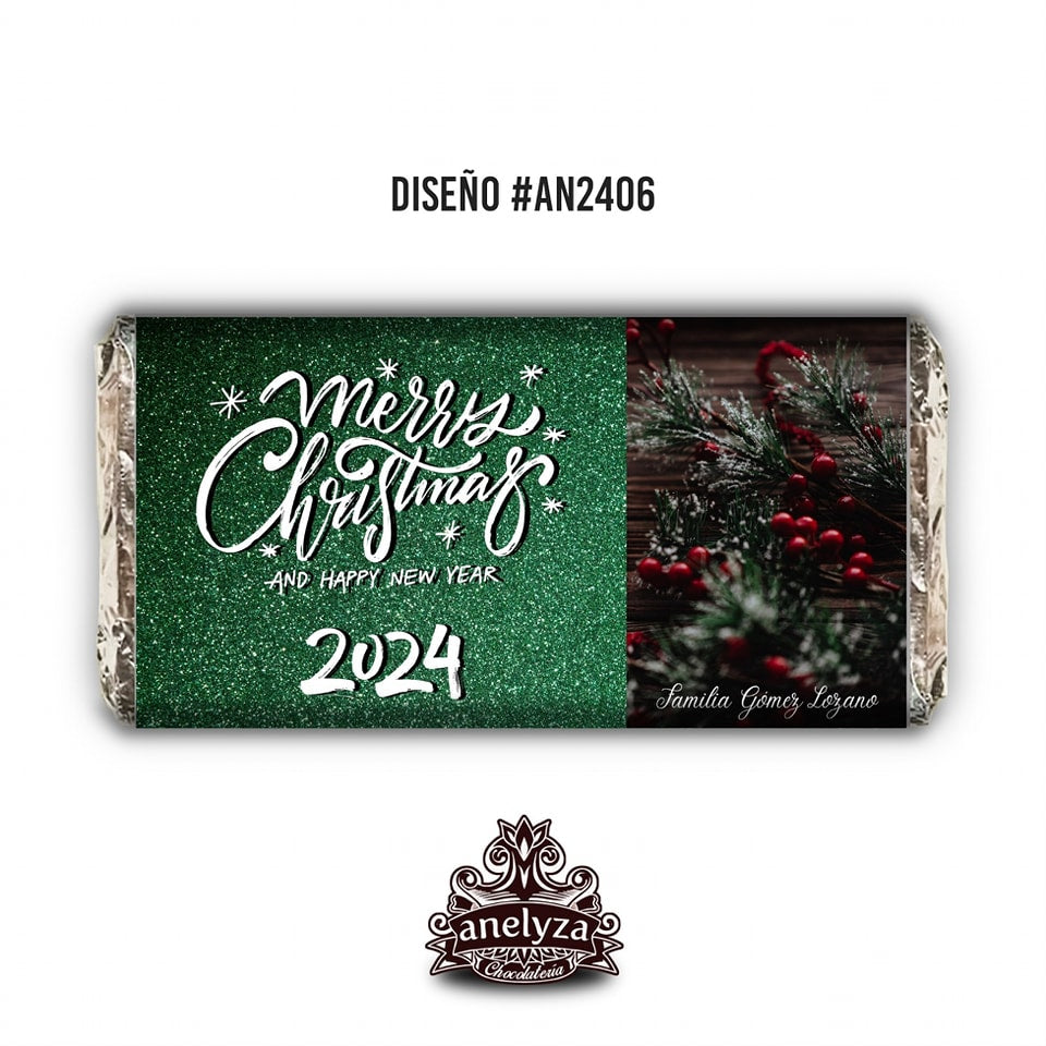BARRAS DE CHOCOLATE PERSONALIZADAS DISEÑO #AN2406 FELIZ AÑO NUEVO Y NAVIDAD