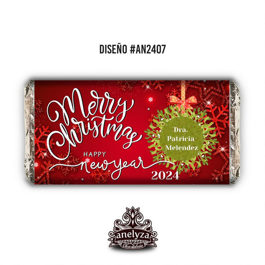 BARRAS DE CHOCOLATE PERSONALIZADAS DISEÑO #AN2407 FELIZ AÑO NUEVO Y NAVIDAD