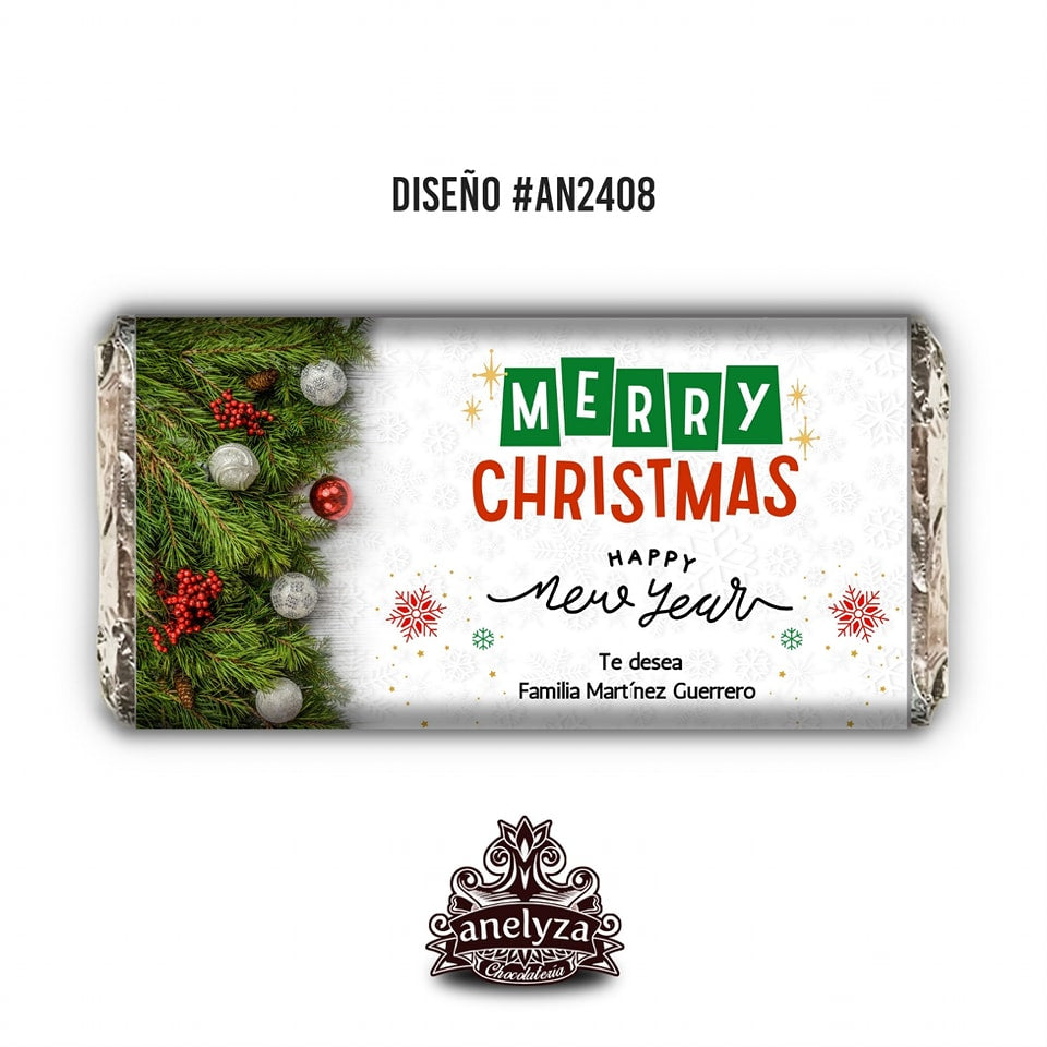 BARRAS DE CHOCOLATE PERSONALIZADAS DISEÑO #AN2408 FELIZ AÑO NUEVO Y NAVIDAD