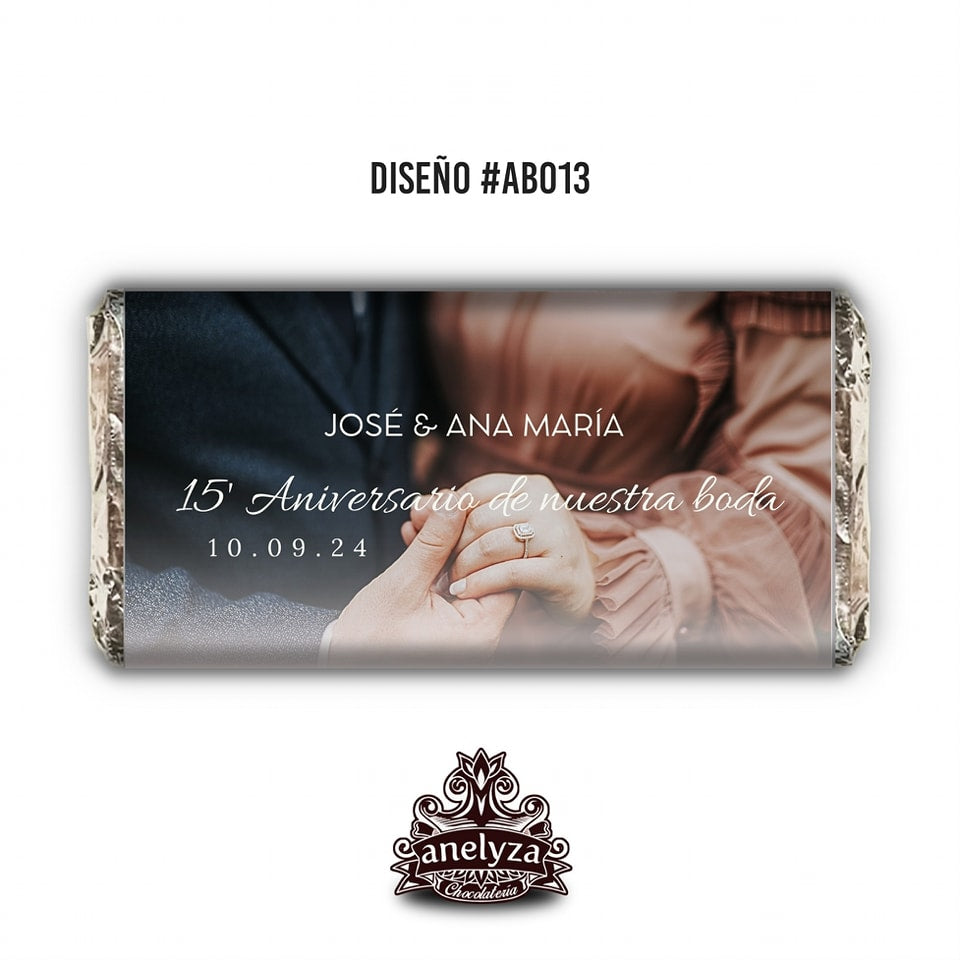 BARRAS DE CHOCOLATE PERSONALIZADAS DISEÑO #AB013 ANIVERSARIO DE BODAS CON FOTO