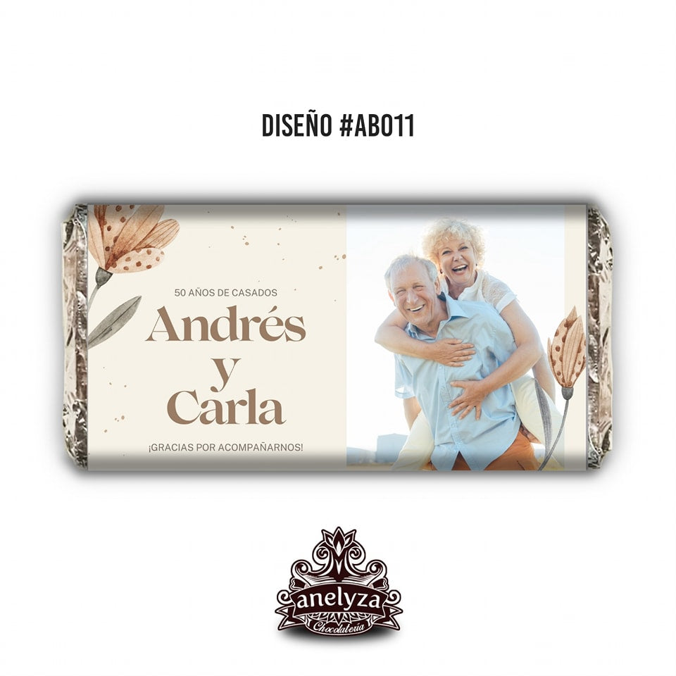 BARRAS DE CHOCOLATE PERSONALIZADAS DISEÑO #AB011 ANIVERSARIO DE BODAS CON FOTO